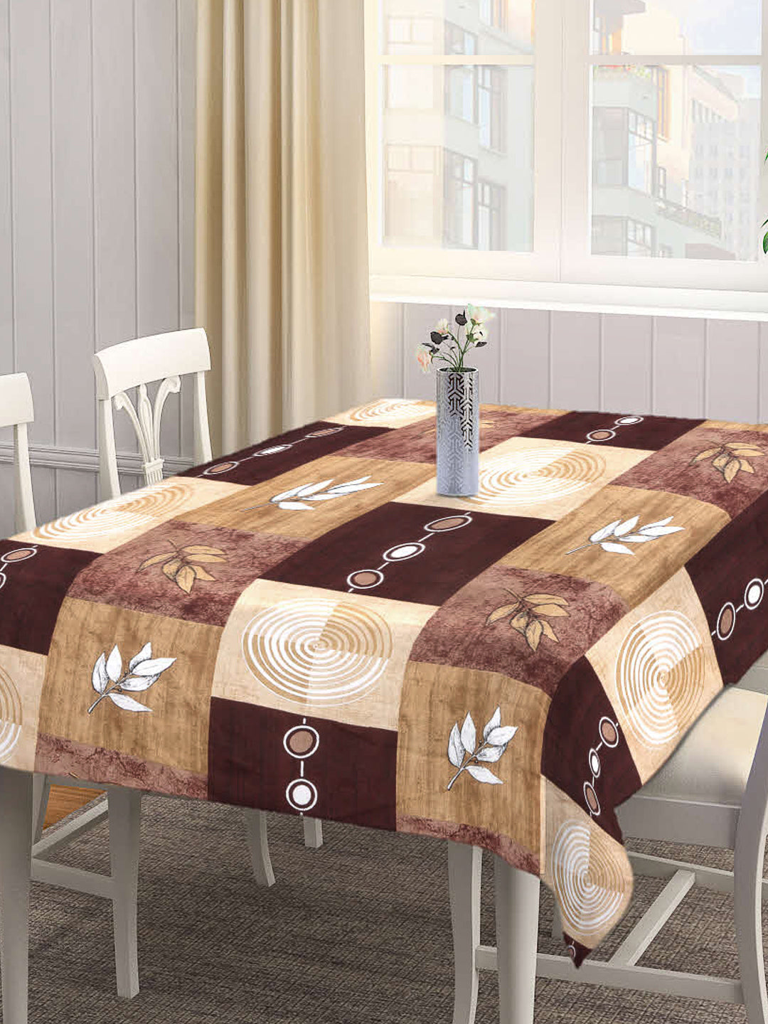 Arrabi Brown Geometric Cotton Blend 6 SEATER Table Cover (180 X 130 cm)