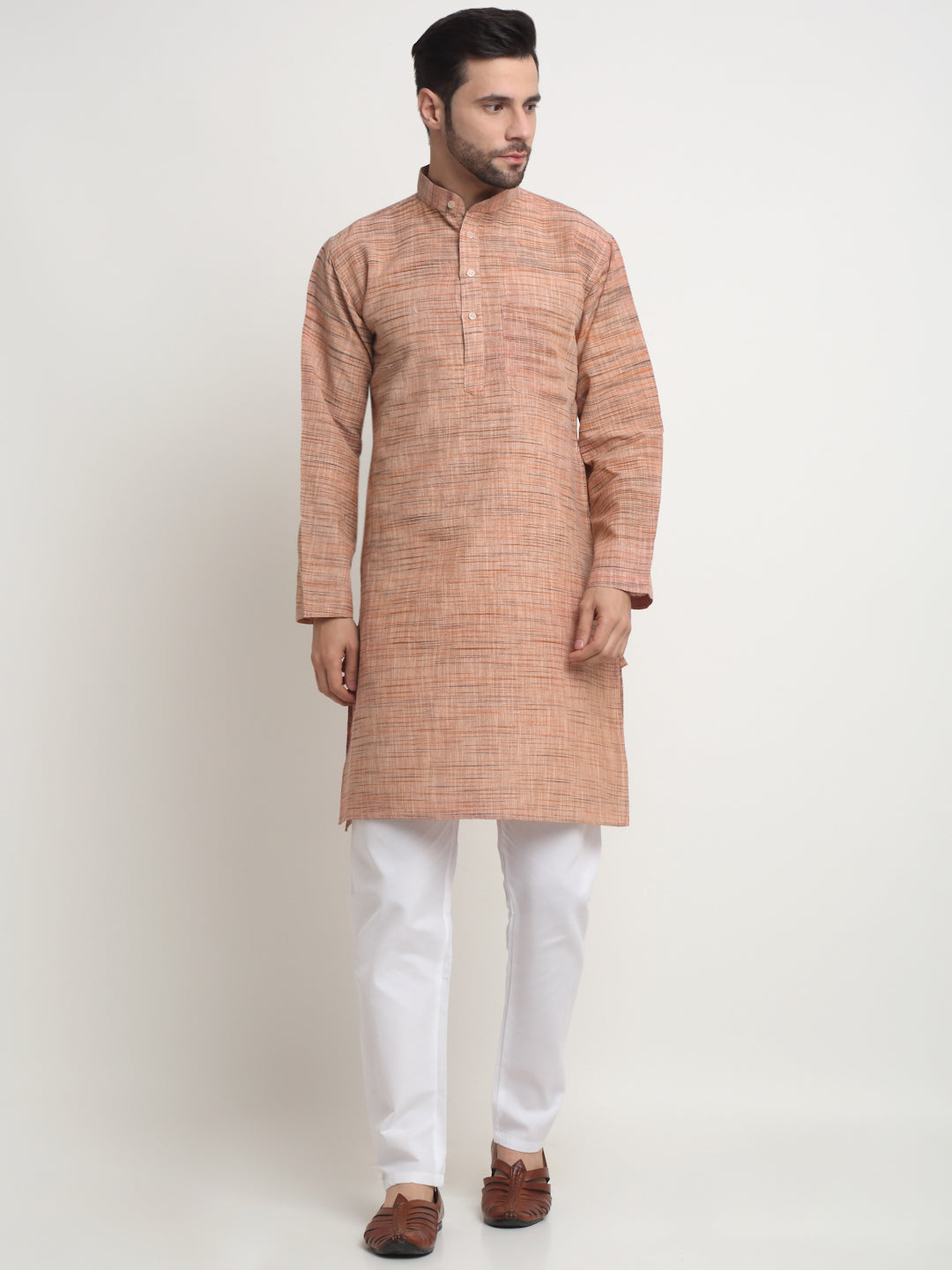 Arrabi Men Brown Pure Cotton Solid Kurta with Churidar Pyjama