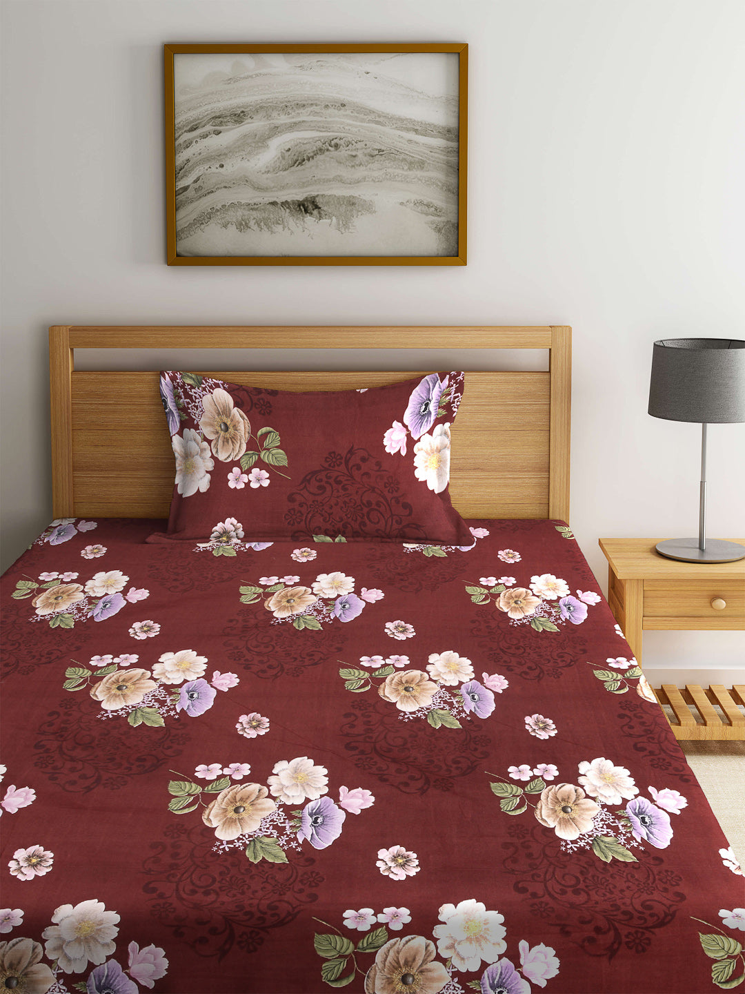 Arrabi Brown Floral TC Cotton Blend Single Size Fitted Bedsheet with 1 Pillow Cover (220 X 150 cm)