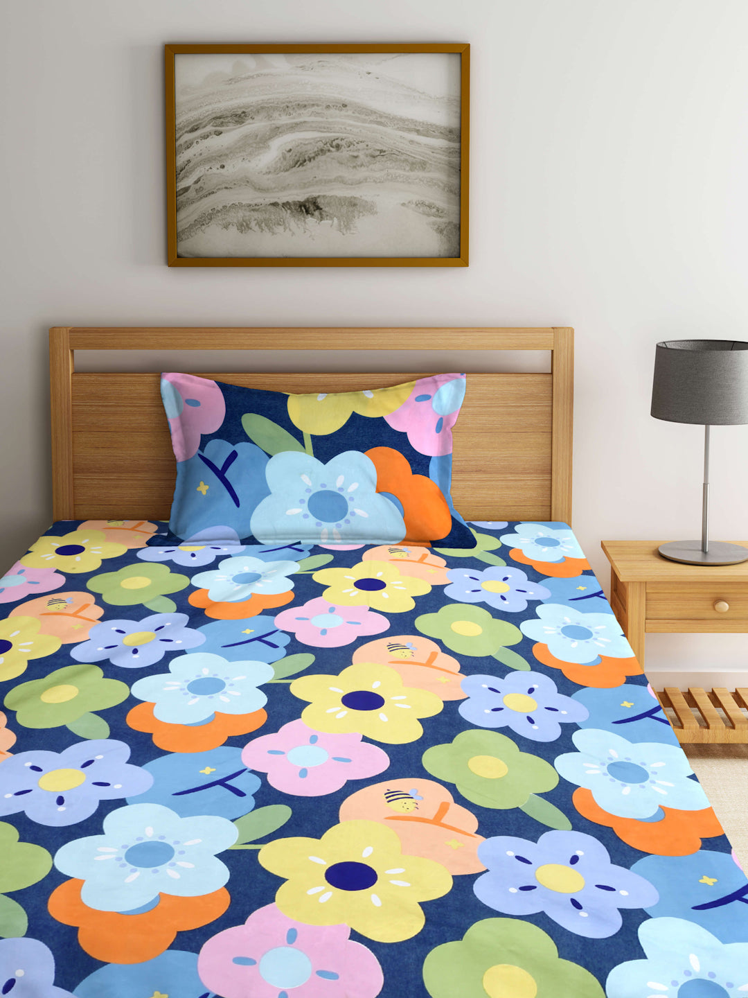 Arrabi Multi Floral TC Cotton Blend Single Size Fitted Bedsheet with 1 Pillow Cover (215 X 150 cm)