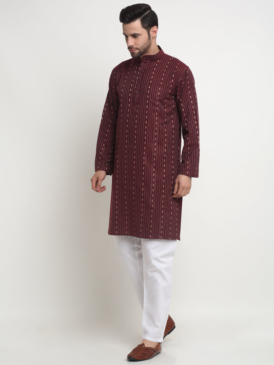 Arrabi Men Indian Fashion Maroon Pure Cotton Geometric Straight Kurta