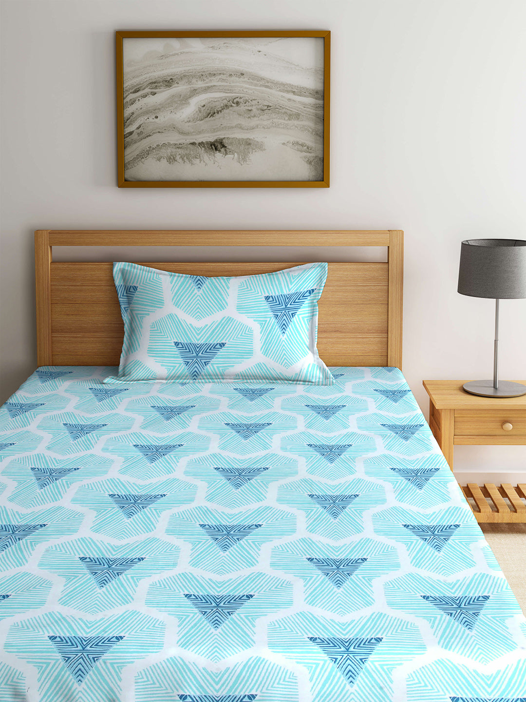 Arrabi Blue Geometric TC Cotton Blend Single Size Fitted Bedsheet with 1 Pillow Cover (220 X 150 cm)