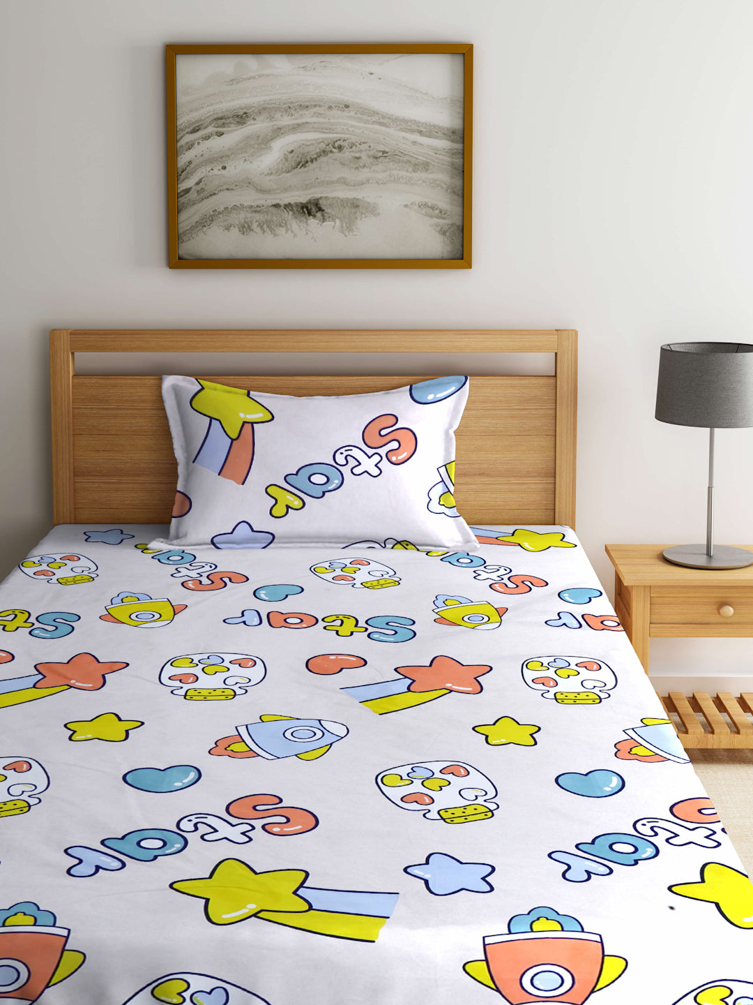 Arrabi Beige Cartoon TC Cotton Blend Single Size Fitted Bedsheet with 1 Pillow Cover (215 X 150 cm)