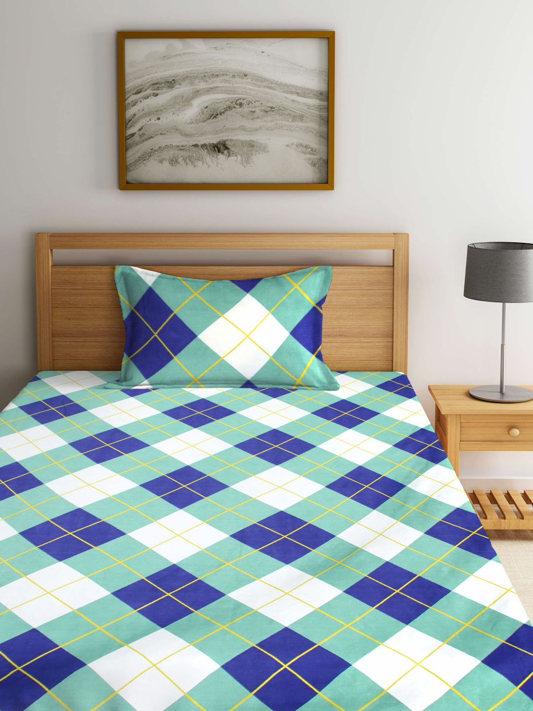 Arrabi Multi Geometric TC Cotton Blend Single Size Fitted Bedsheet with 1 Pillow Cover (215 X 150 cm)