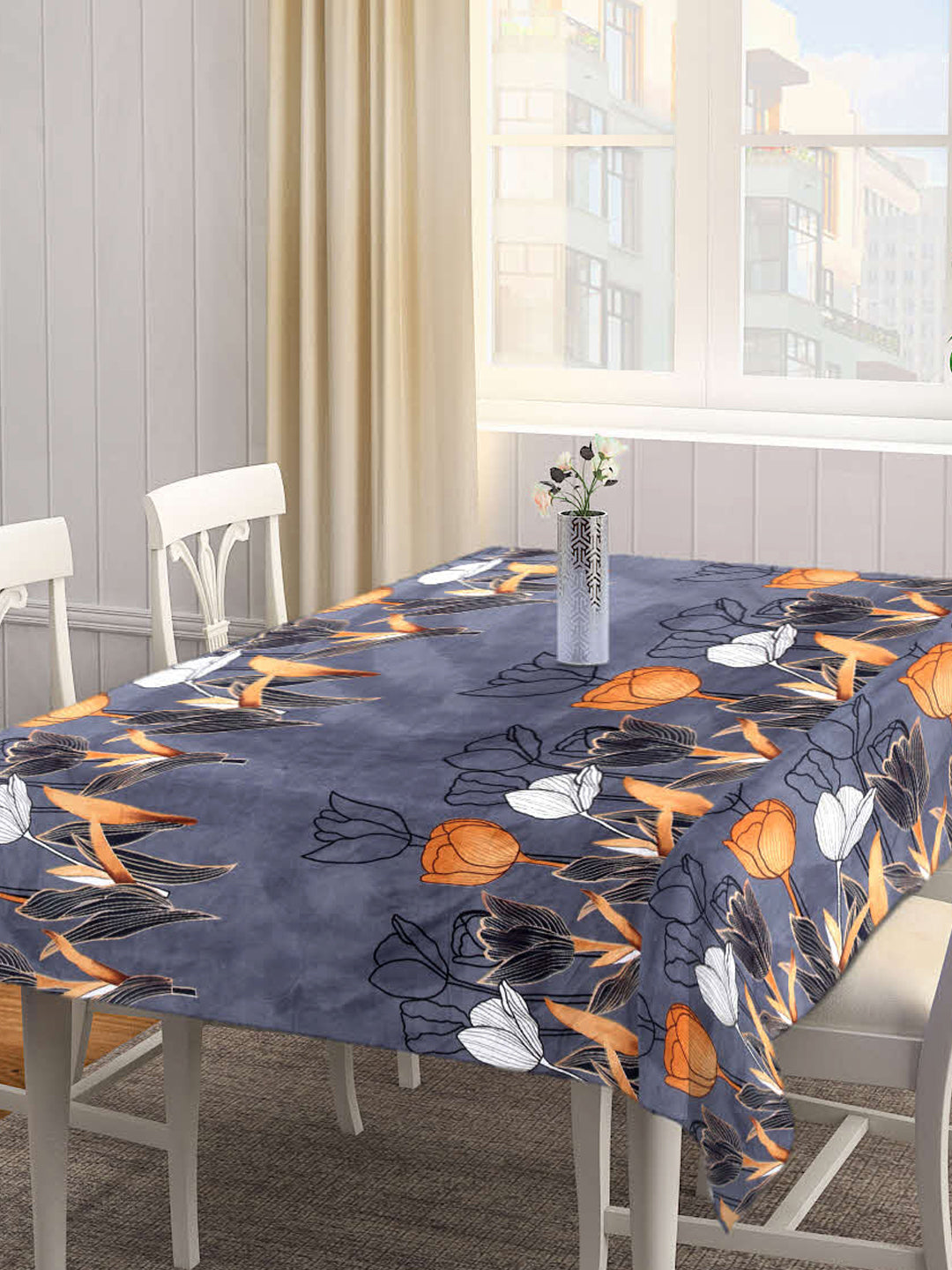 Arrabi Grey Floral Cotton Blend 8 SEATER Table Cover (215 X 150 cm)