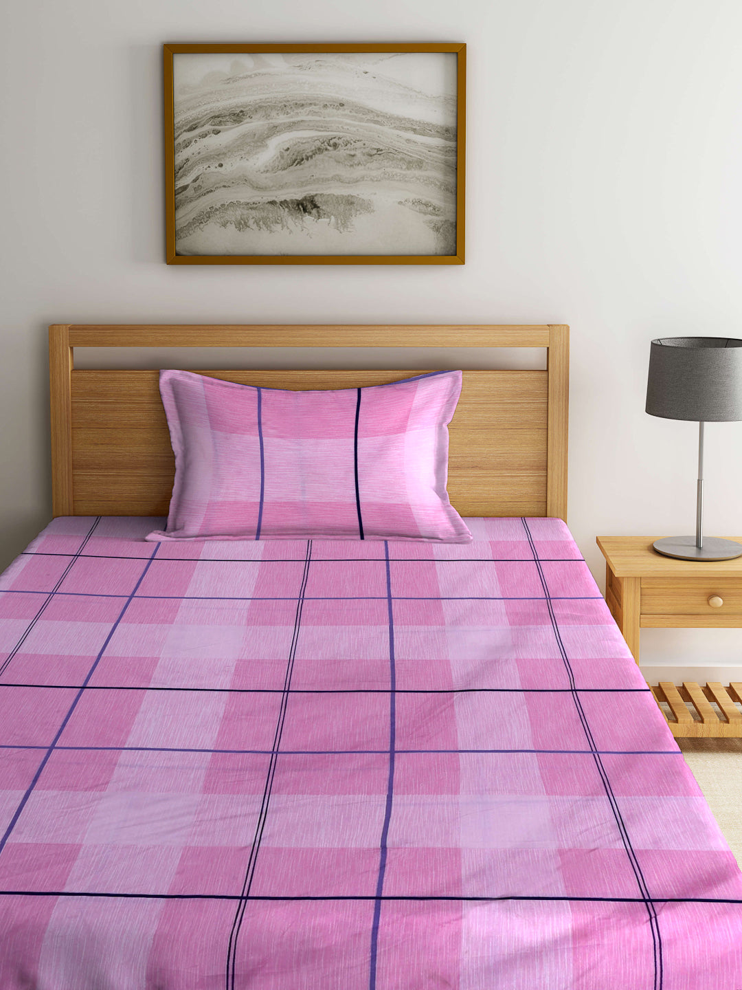 Arrabi Pink Stripes TC Cotton Blend Single Size Fitted Bedsheet with 1 Pillow Cover (215 X 150 cm)