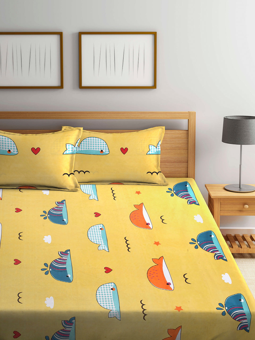 Arrabi Yellow Cartoon TC Cotton Blend King Size Fitted Bedsheet with 2 Pillow Covers (250 x 220 cm)