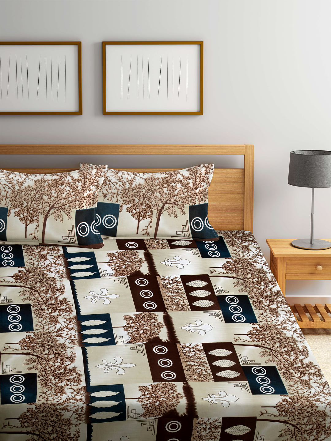 Arrabi Multi Graphic TC Cotton Blend King Size Bookfold Bedsheet with 2 Pillow Covers (250 X 220 cm)