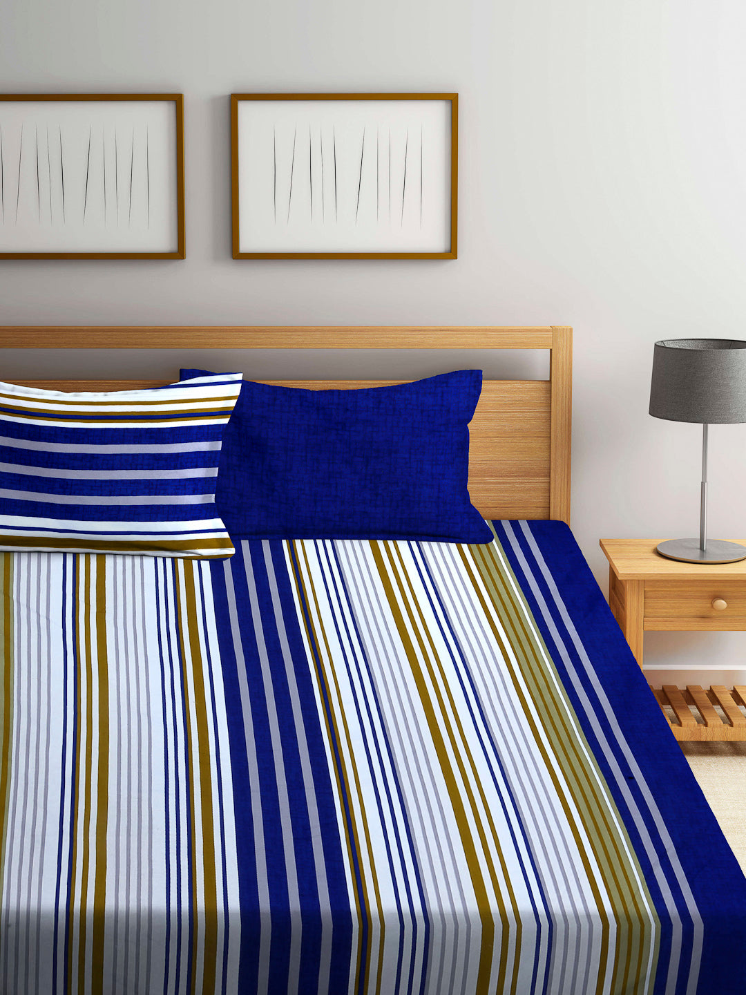 Arrabi Blue Stripes TC Cotton Blend Super King Size Bedsheet with 2 Pillow Covers (270 x 260 cm)