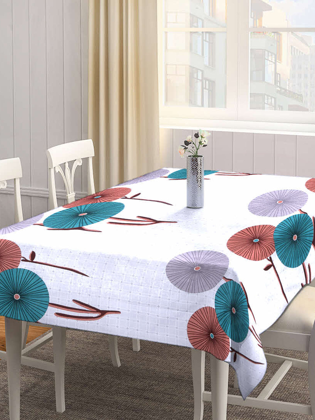 Arrabi Grey Floral Cotton Blend 6 SEATER Table Cover (180 X 130 cm)