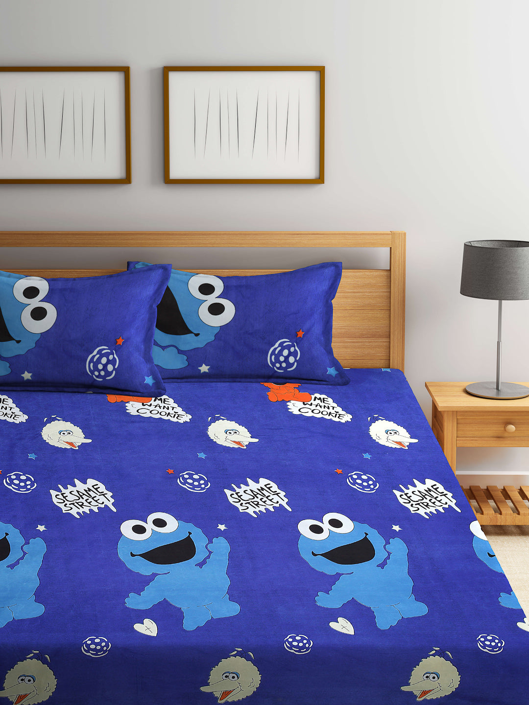 Arrabi Blue Cartoon TC Cotton Blend King Size Bookfold Bedsheet with 2 Pillow Covers (250 X 215 cm)