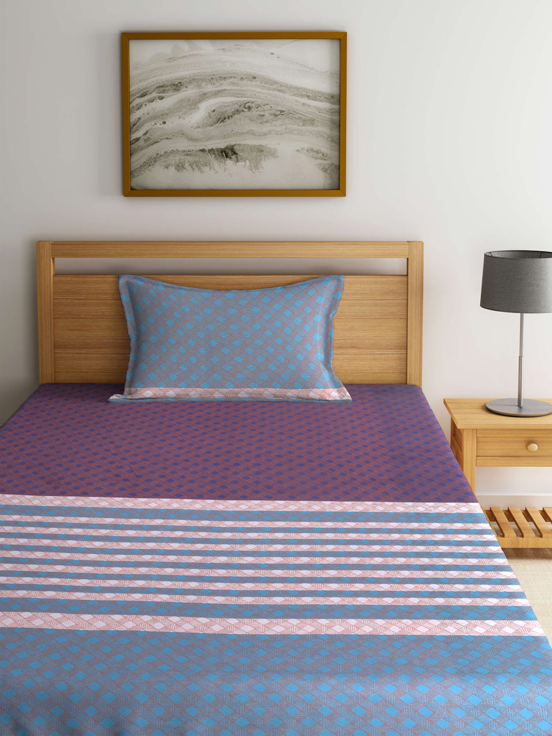 Arrabi Blue Geometric Handwoven Cotton Single Size Bedsheet with 1 Pillow Cover (215 x 150 cm)