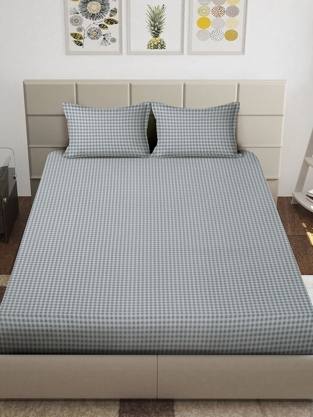 Arrabi Grey Checks TC Cotton Blend King Size Bedsheet with 2 Pillow Covers (250 x 215 cm)