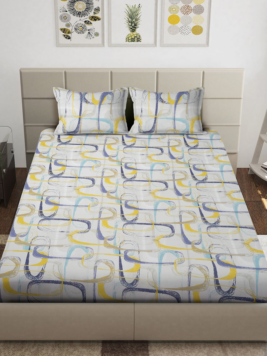 Arrabi Multi Abstract TC Cotton Blend King Size Bedsheet with 2 Pillow Covers (250 x 215 cm)