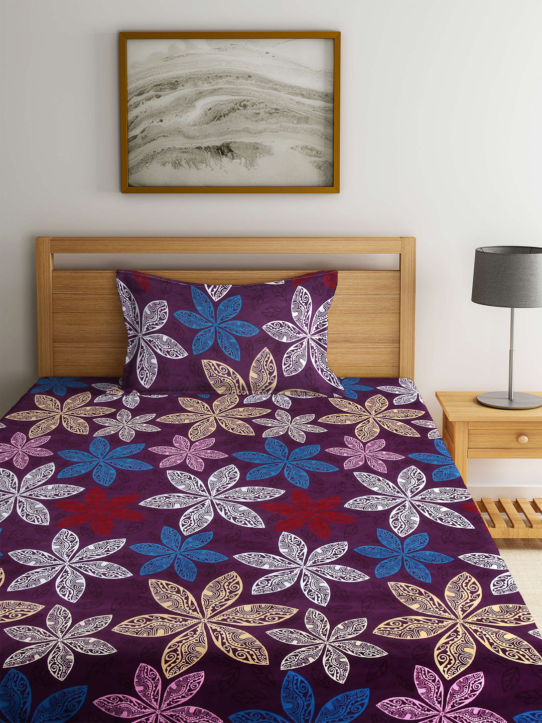 Arrabi Purple Floral TC Cotton Blend Single Size Fitted Bedsheet with 1 Pillow Cover (220 X 150 cm)