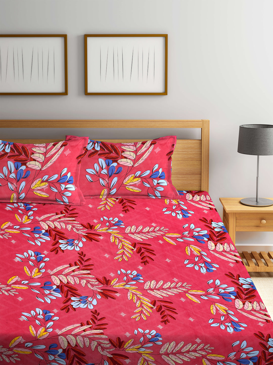 Arrabi Pink Leaf TC Cotton Blend King Size Fitted Bedsheet with 2 Pillow Covers (250 X 215 Cm)