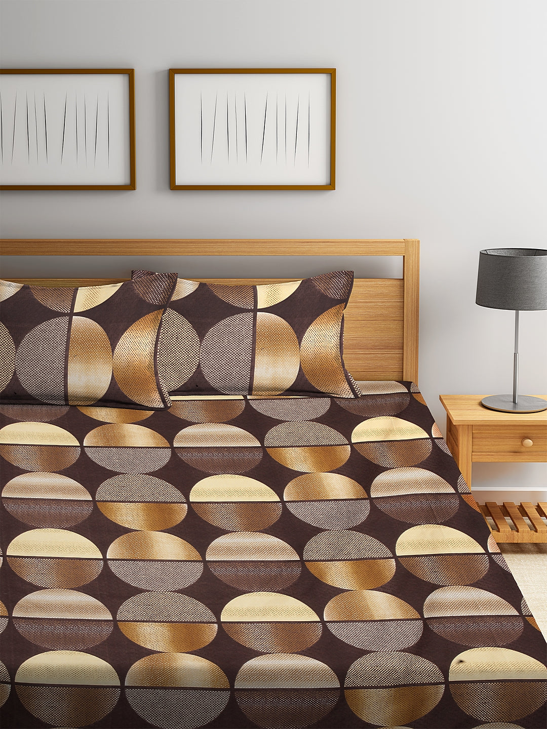 Arrabi Brown Geometric TC Cotton Blend King Size Bookfold Bedsheet with 2 Pillow Covers (250 X 220 cm)