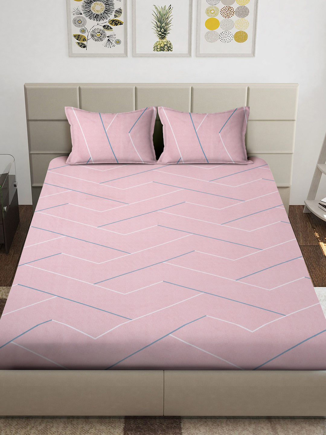 Arrabi Pink Geometric TC Cotton Blend King Size Bedsheet with 2 Pillow Covers (250 x 215 cm)