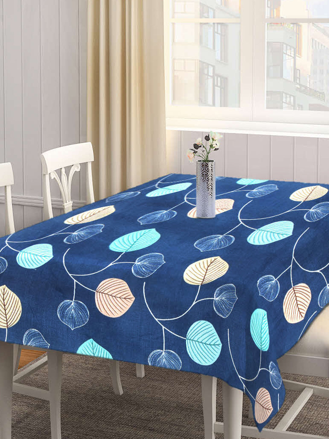 Arrabi Blue Leaf Cotton Blend 8 SEATER Table Cover (215 X 150 cm)