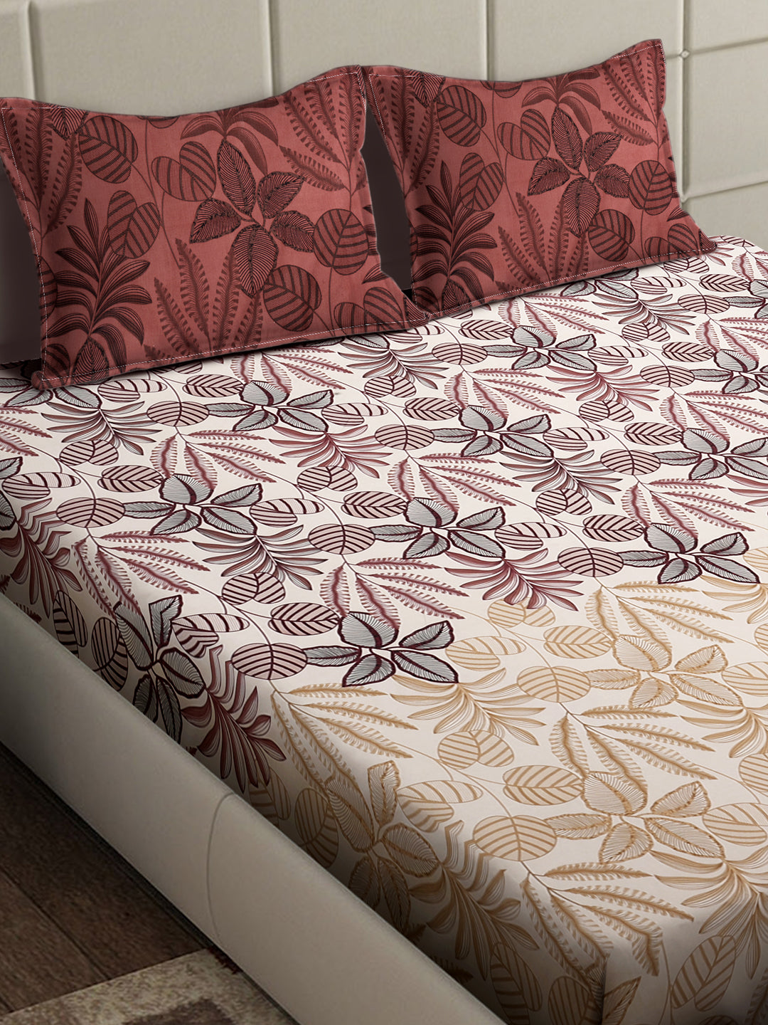 Arrabi Cream Floral TC Cotton Blend Super King Size Bedsheet with 2 Pillow Covers (270 x 260 cm)