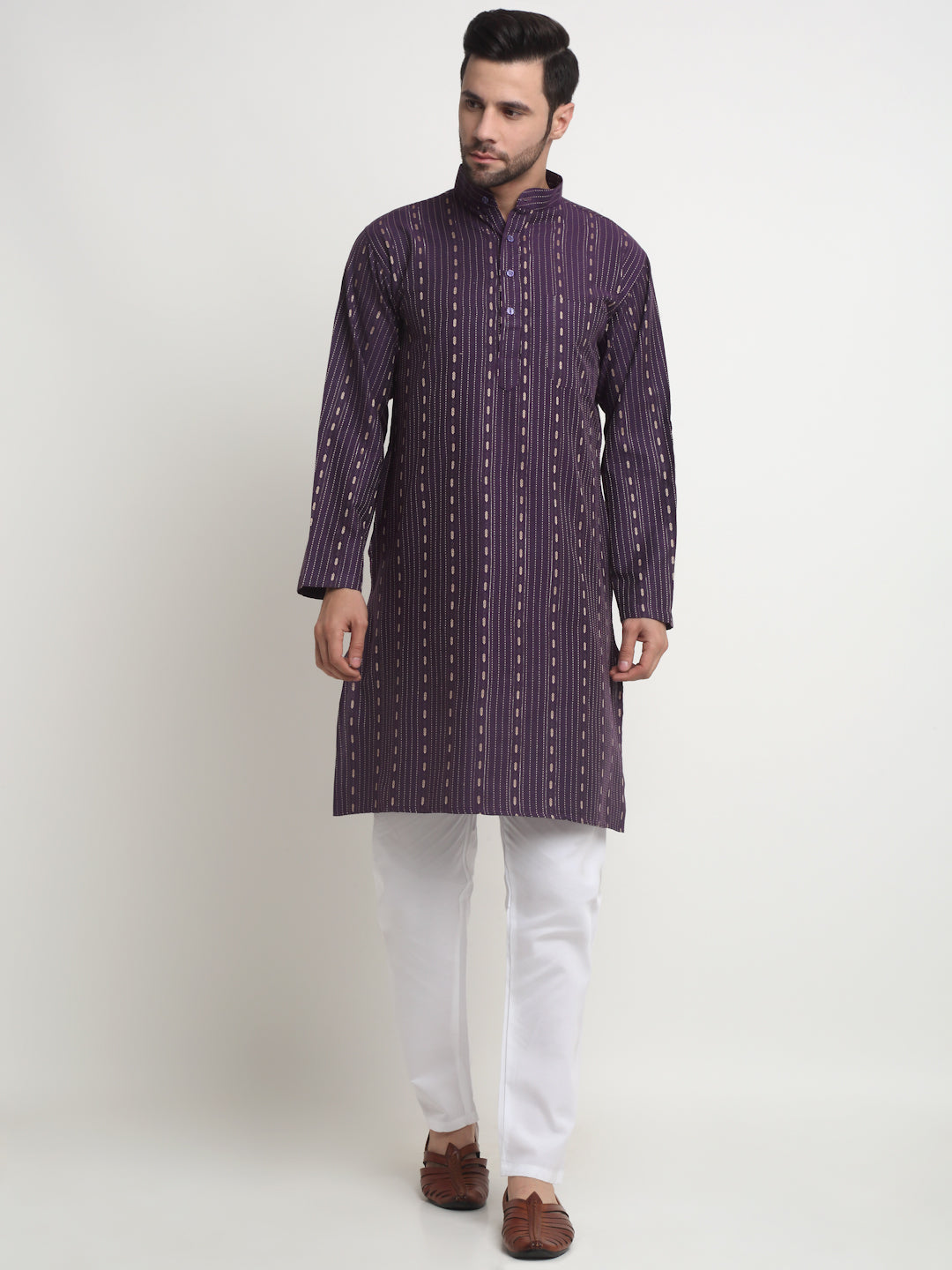 Arrabi Men Purple Pure Cotton Geometric Kurta with Churidar Pyjama