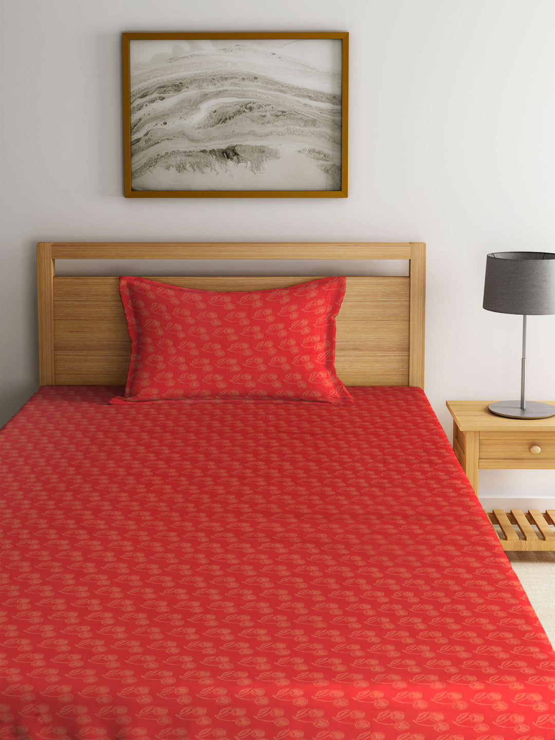 Arrabi Red Leaf Handwoven Cotton Single Size Bedsheet with 1 Pillow Cover (215 x 150 cm)