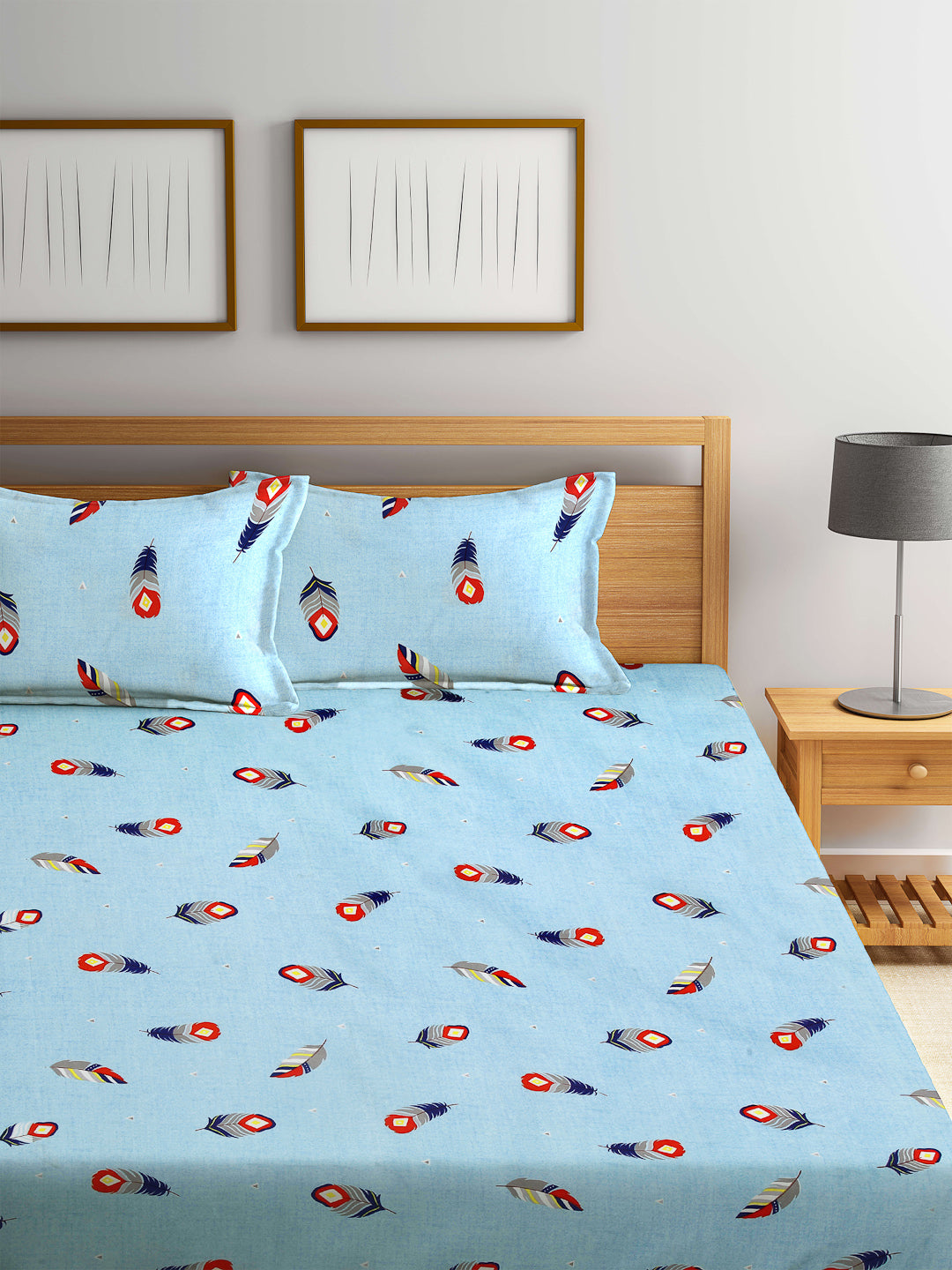 Arrabi Blue Floral TC Cotton Blend King Size Bookfold Bedsheet with 2 Pillow Covers (250 X 220 cm)