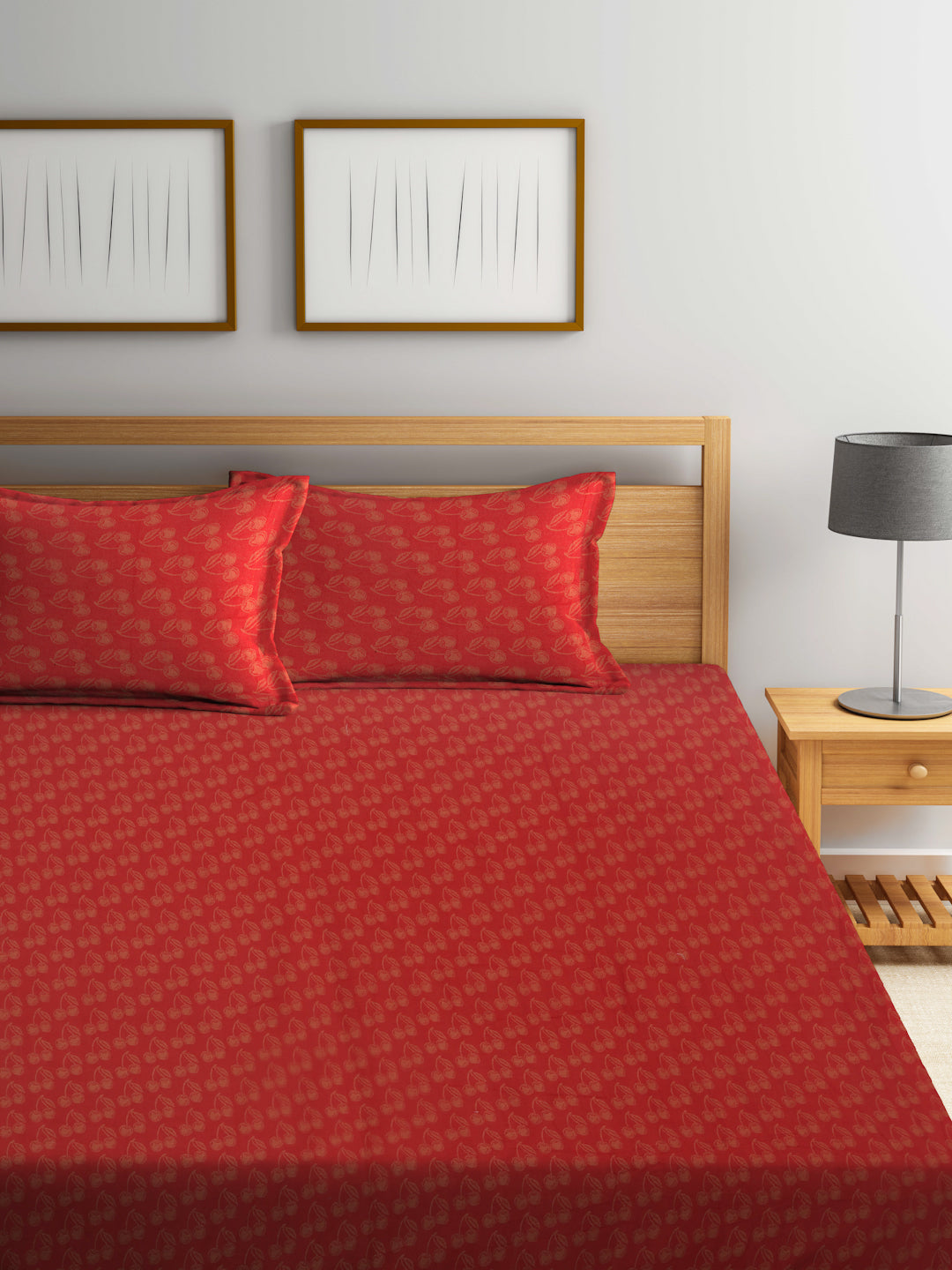 Arrabi Red Leaf Handwoven Cotton Super King Size Bedsheet with 2 Pillow Covers (270 X 270 cm)