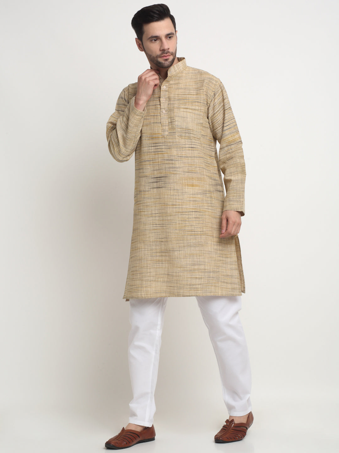 Arrabi Men Cream Pure Cotton Solid Kurta with Churidar Pyjama