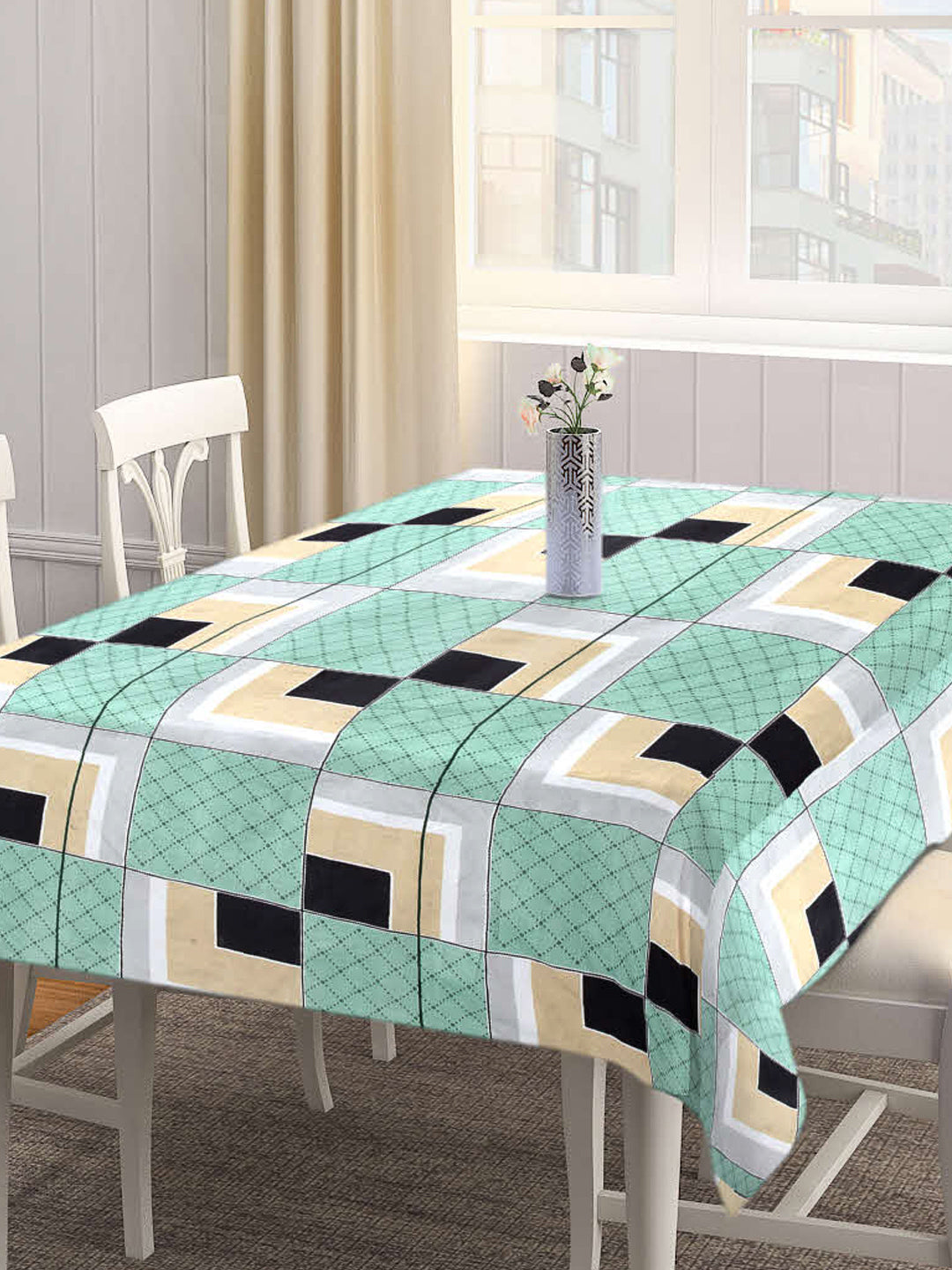 Arrabi Green Geometric Cotton Blend 8 SEATER Table Cover (215 X 150 cm)