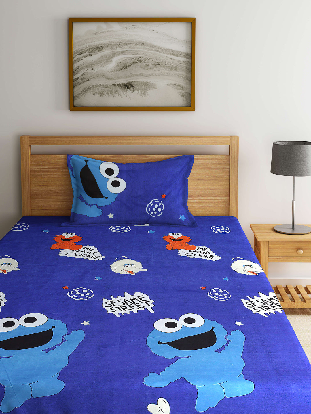 Arrabi Blue Cartoon TC Cotton Blend Single Size Fitted Bedsheet with 1 Pillow Cover (215 X 150 cm)