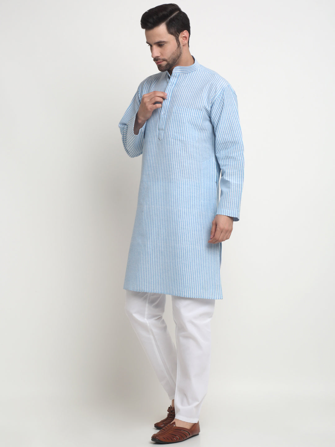 Arrabi Men Blue Pure Cotton Striped Kurta with Churidar Pyjama