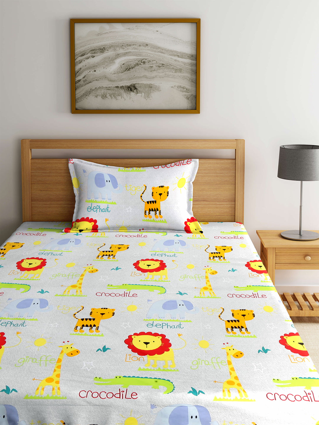 Arrabi Multi Cartoon TC Cotton Blend Single Size Fitted Bedsheet with 1 Pillow Cover (220 X 150 cm)