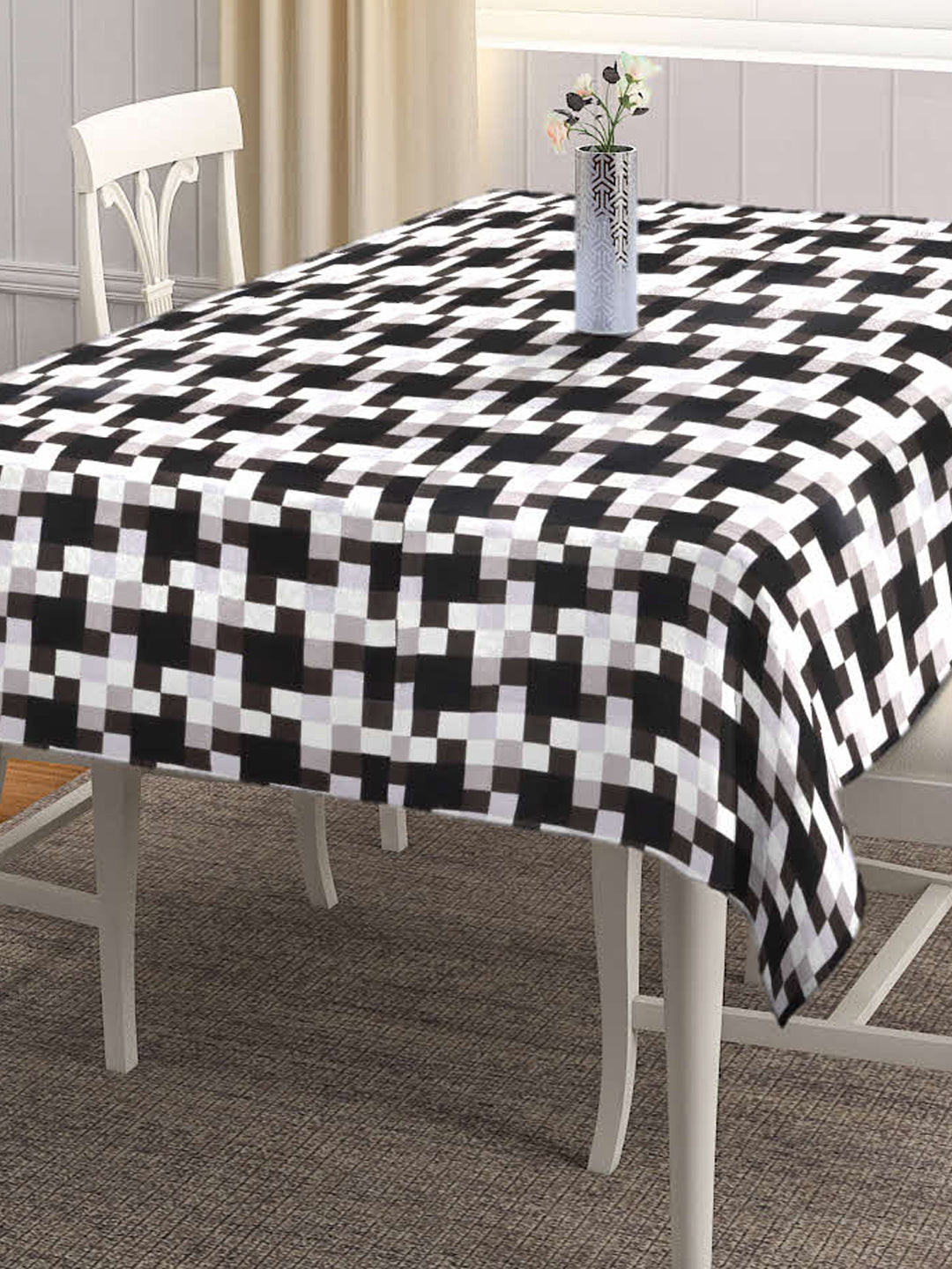 Arrabi Black Goemetric Cotton Blend 6 SEATER Table Cover (180 x 130 cm)