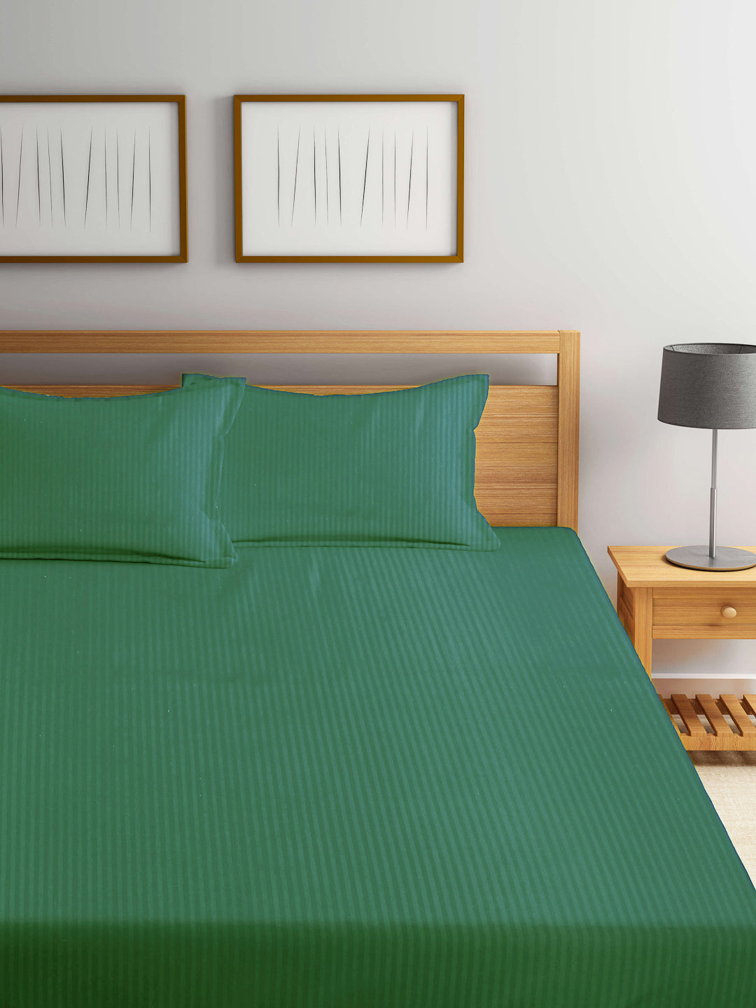 Arrabi Green Stripes TC Cotton Blend Super King Size Bookfold Bedsheet with 2 Pillow Covers (270 X 260 cm)