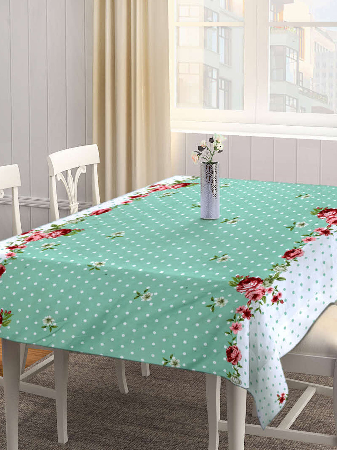 Arrabi Green Floral Cotton Blend 8 SEATER Table Cover (215 X 150 cm)