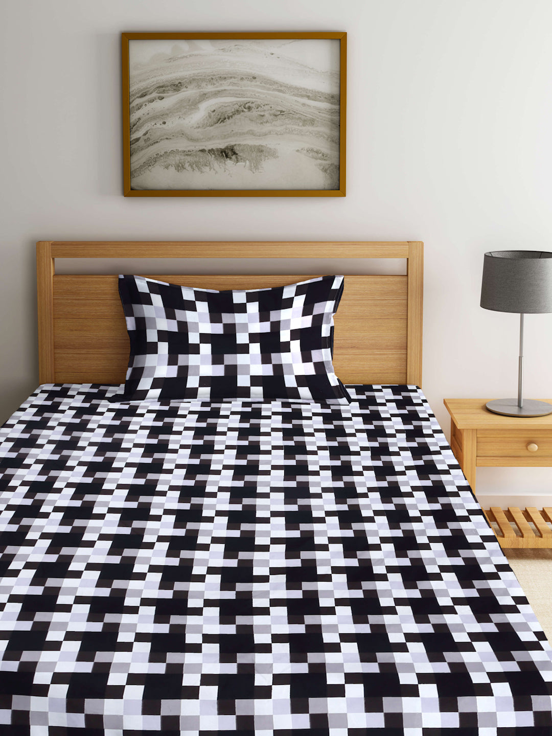 Arrabi Black Geometric TC Cotton Blend Single Size Fitted Bedsheet with 1 Pillow Cover (215 X 150 cm)