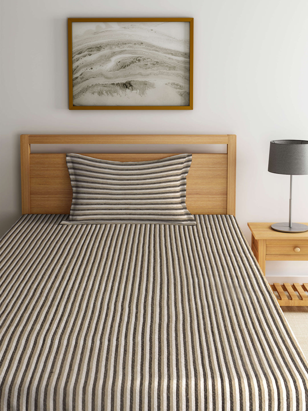 Arrabi Beige Striped Handwoven Cotton Single Size Bedsheet with 1 Pillow Cover (215 x 150 cm)