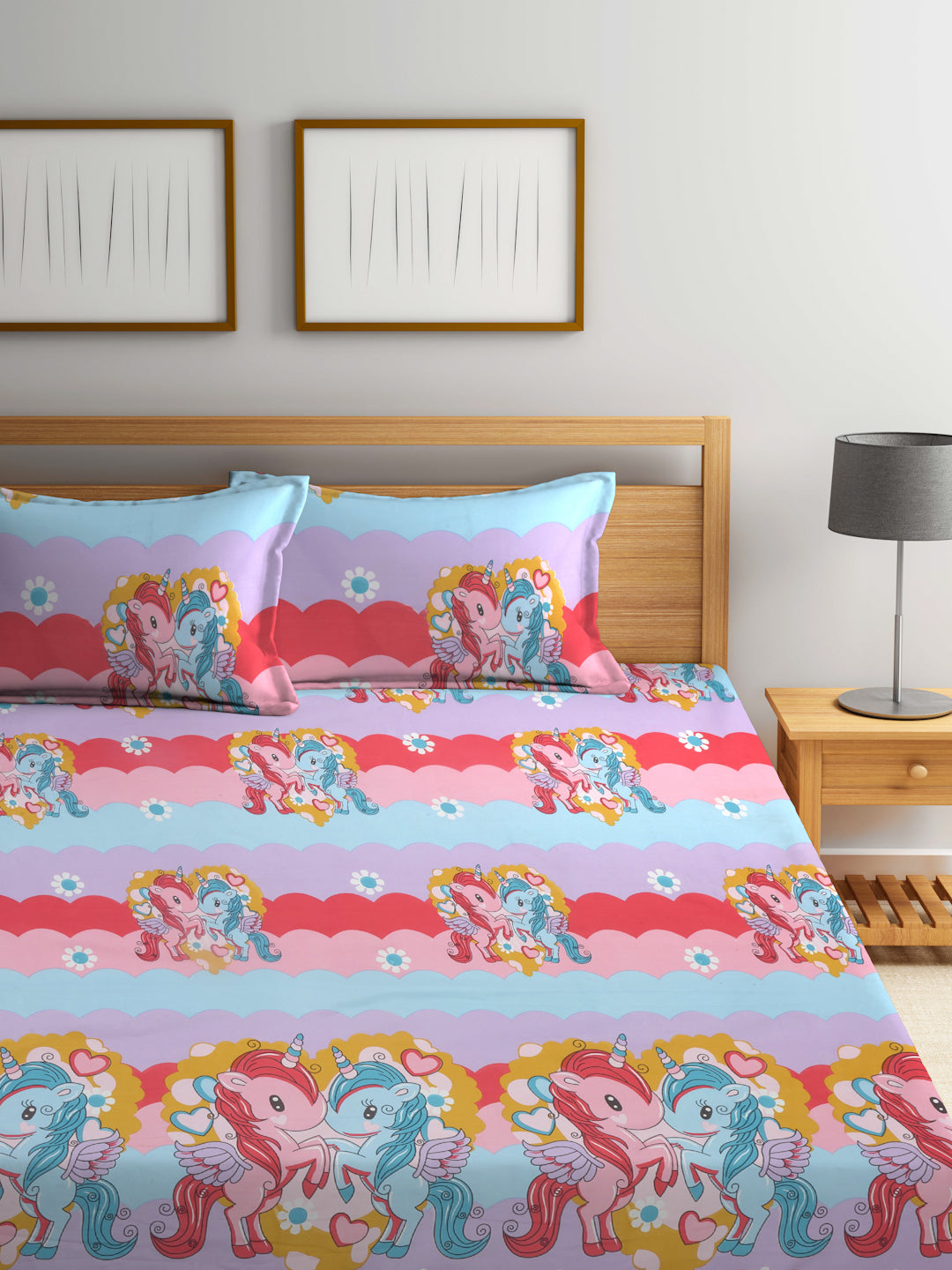 Arrabi Multi Cartoon TC Cotton Blend King Size Fitted Bedsheet with 2 Pillow Covers (250 X 215 Cm )
