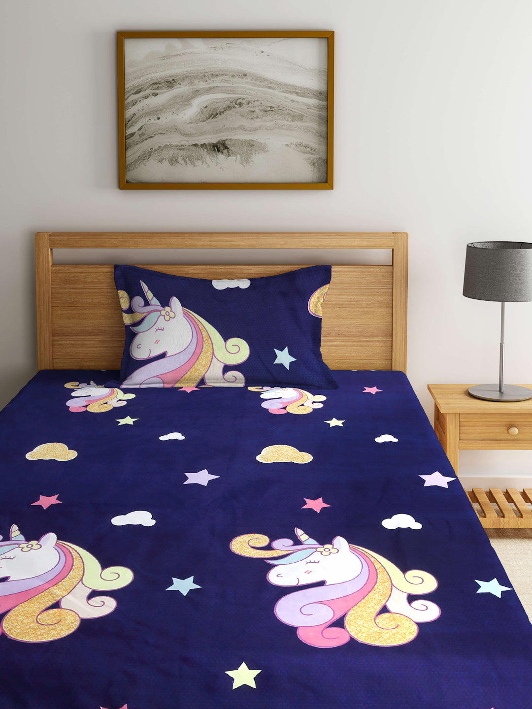 Arrabi Blue Cartoon TC Cotton Blend Single Size Fitted Bedsheet with 1 Pillow Cover (215 X 150 cm)