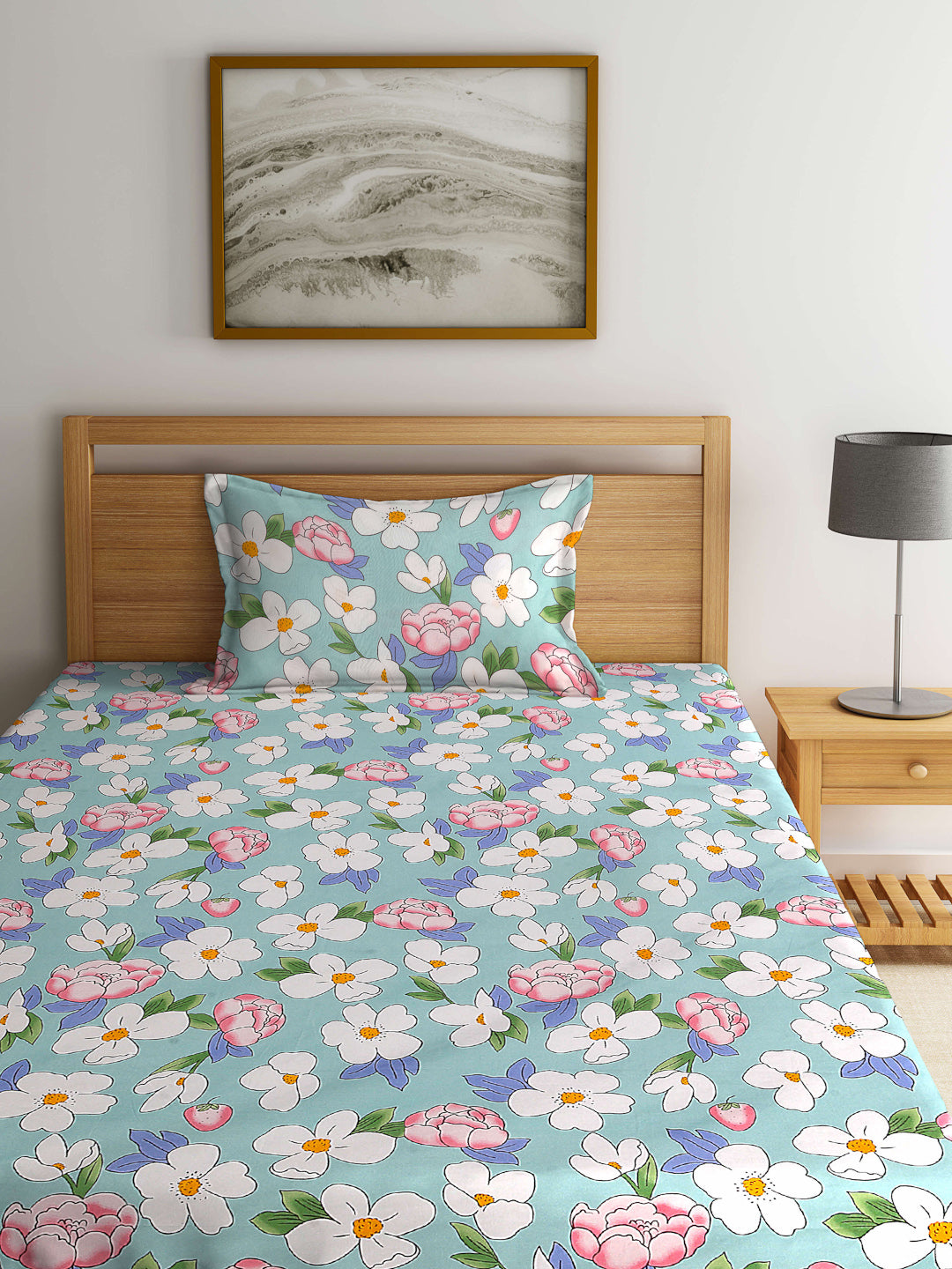 Arrabi Blue Floral TC Cotton Blend Single Size Fitted Bedsheet with 1 Pillow Cover (215 X 150 cm)