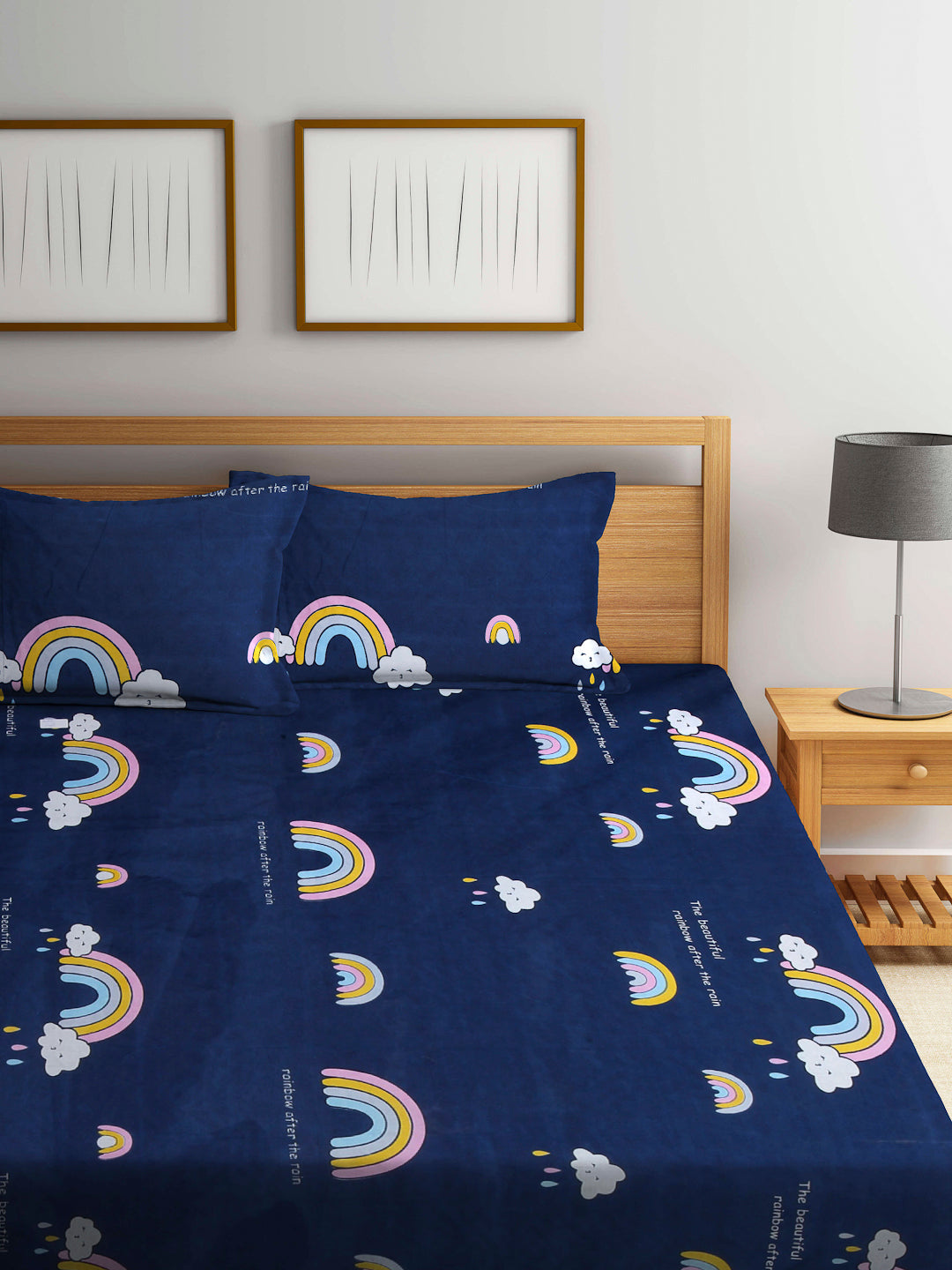 Arrabi Blue Cartoon TC Cotton Blend King Size Bookfold Bedsheet with 2 Pillow Covers (250 X 220 cm)