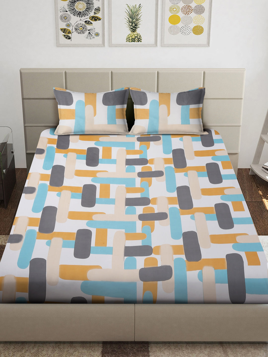 Arrabi Multi Geometric TC Cotton Blend King Size Bedsheet with 2 Pillow Covers (250 x 215 cm)