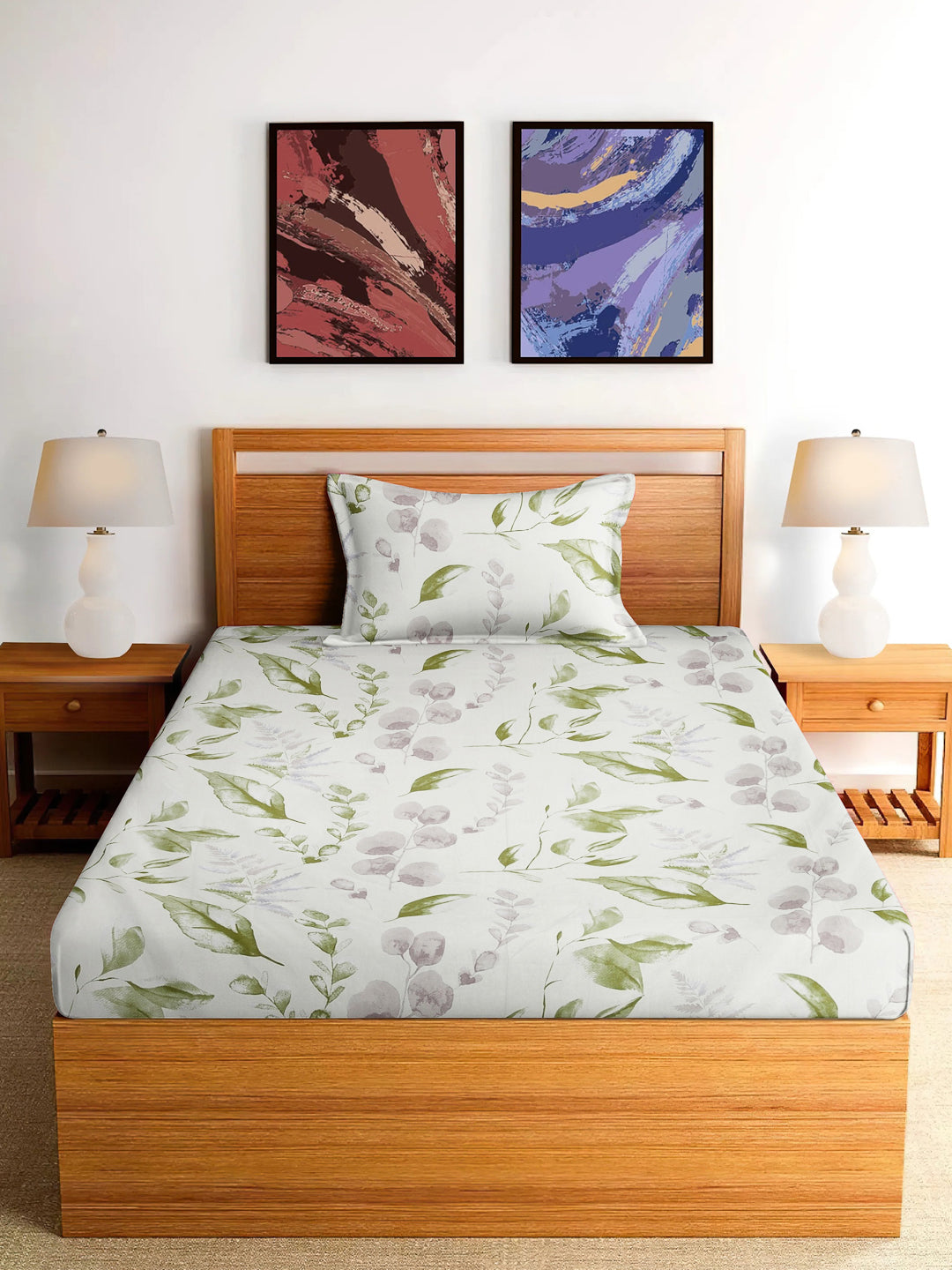 Arrabi Cream Leaf TC Cotton Blend Single Size Bedsheet with 1 Pillow Cover (215 x 150 cm)