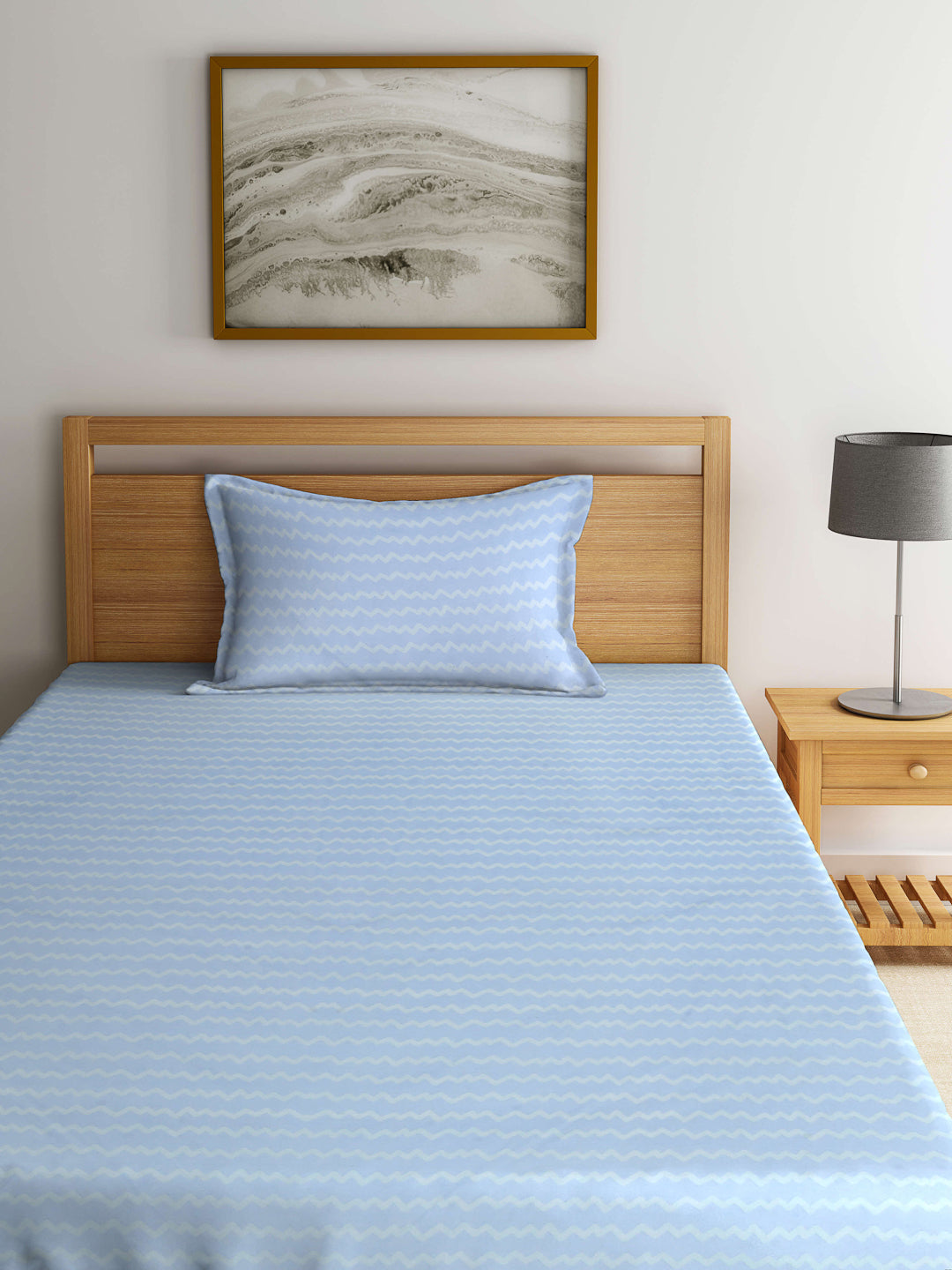 Arrabi Blue Striped TC Cotton Blend Single Size Bedsheet with 1 Pillow Cover (215 x 150 cm)