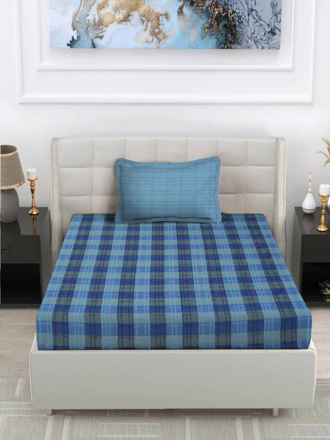 Arrabi Blue Geometric Handwoven Cotton Single Size Bedsheet with 1 Pillow Cover (225 x 150 cm)