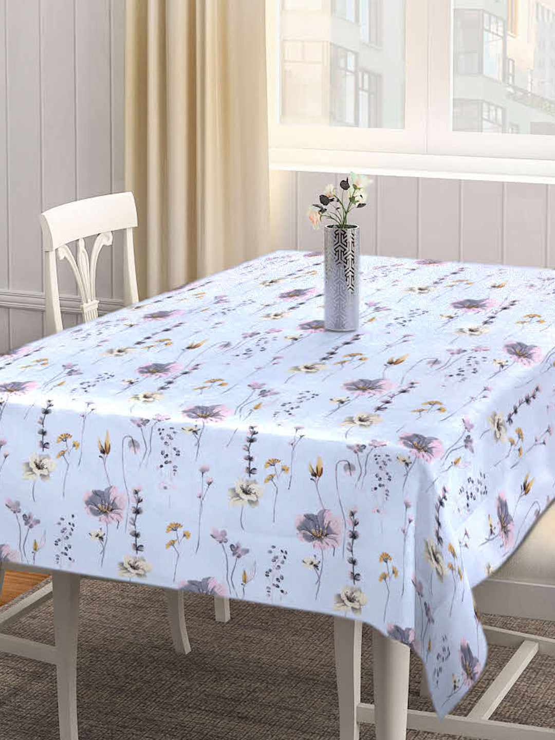 Arrabi Grey Floral Cotton Blend 6 SEATER Table Cover (180 X 130 cm)