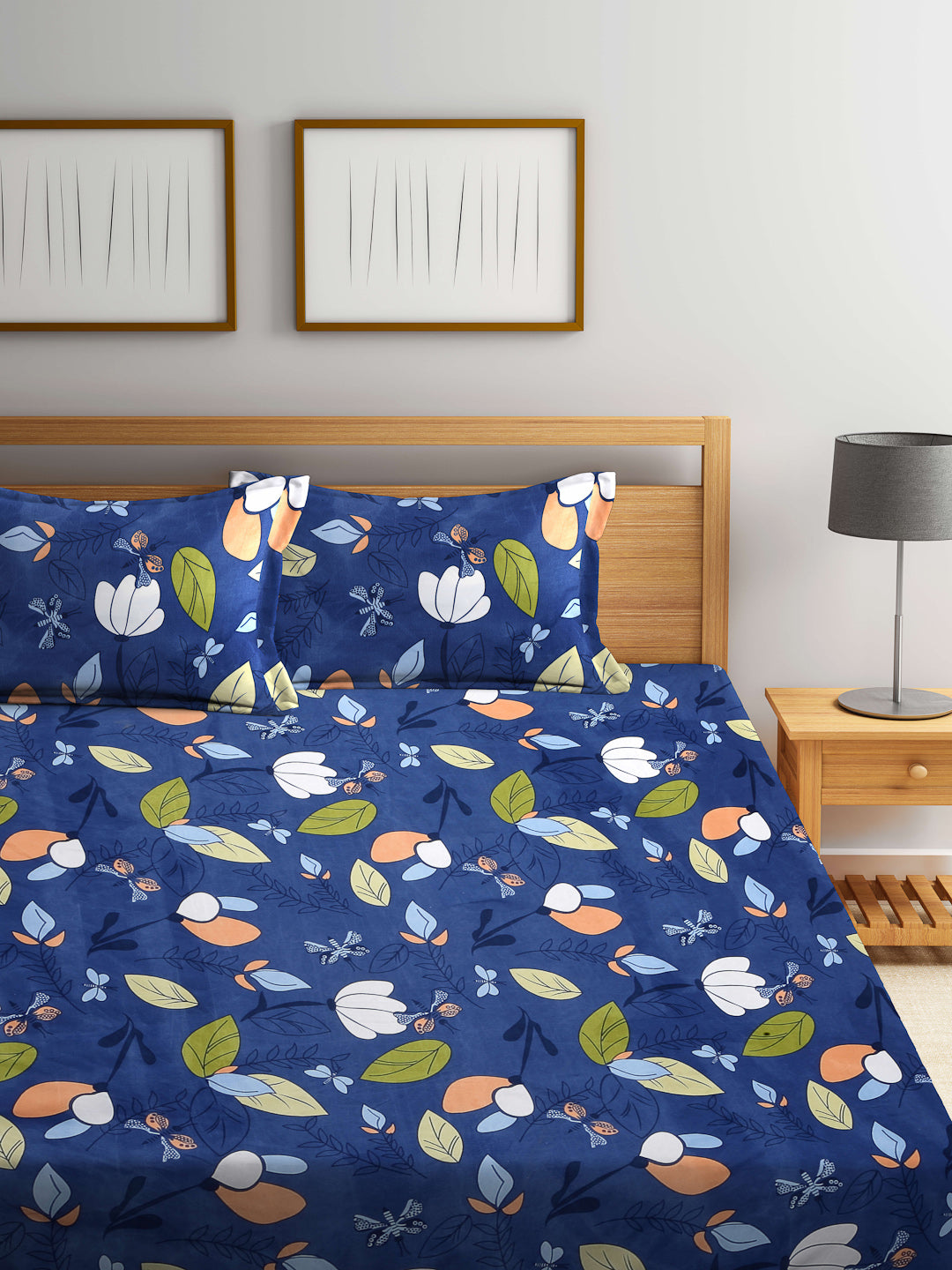 Arrabi Blue Leaf TC Cotton Blend Super King Size Bookfold Bedsheet with 2 Pillow Covers (270 X 260 cm)