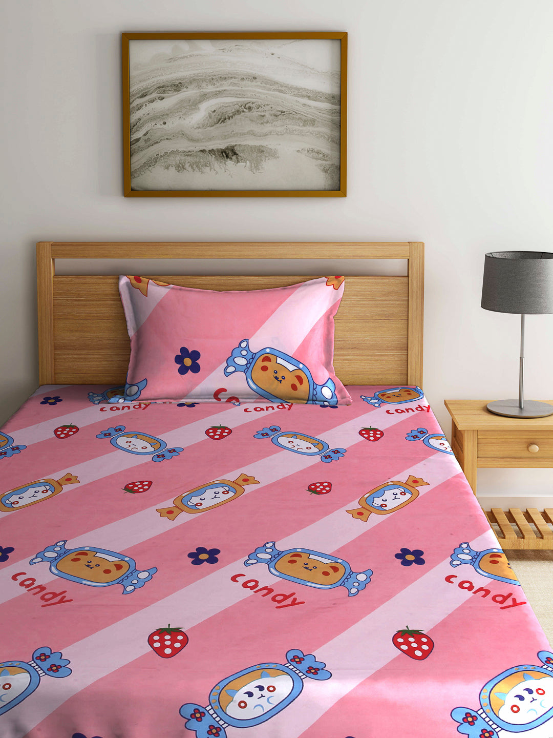 Arrabi Pink Cartoon TC Cotton Blend Single Size Fitted Bedsheet with 1 Pillow Cover (220 X 150 cm)