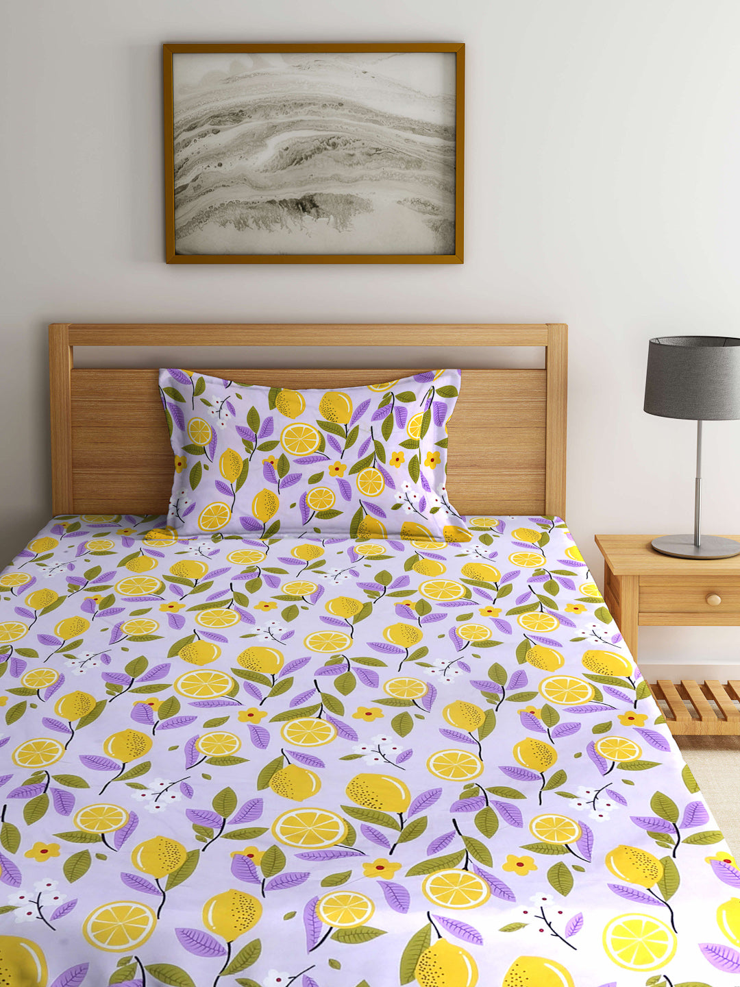 Arrabi Purple Floral TC Cotton Blend Single Size Fitted Bedsheet with 1 Pillow Cover (215 X 150 cm)